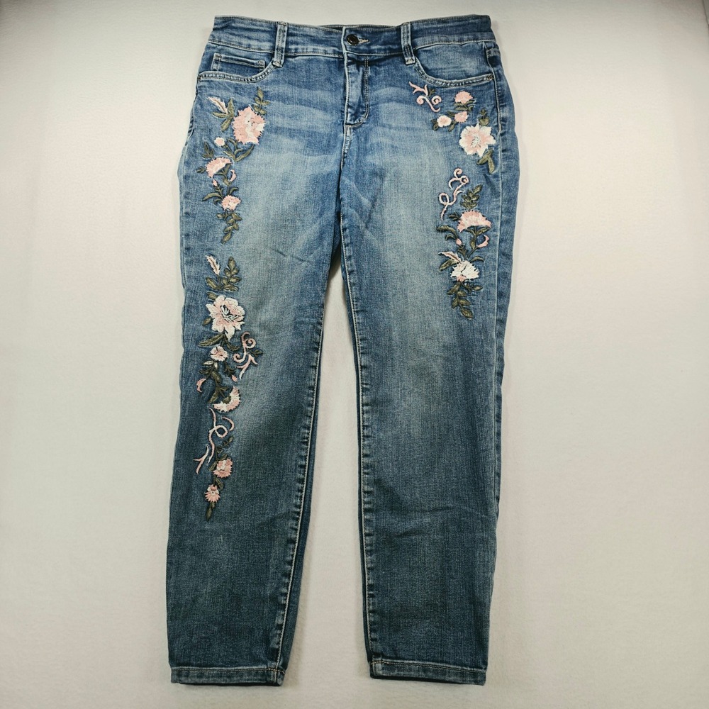 St Johns Bay Womens Size 10 Skinny Leg Floral Embroidered Medium Wash Jeans